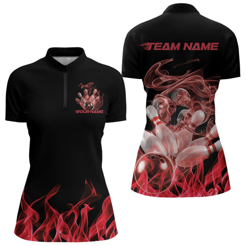 Custom Black And Red Flame Bowling Quarter-Zip Shirts For Women, Red Smoke Bowling Team Shirt IPHW8060