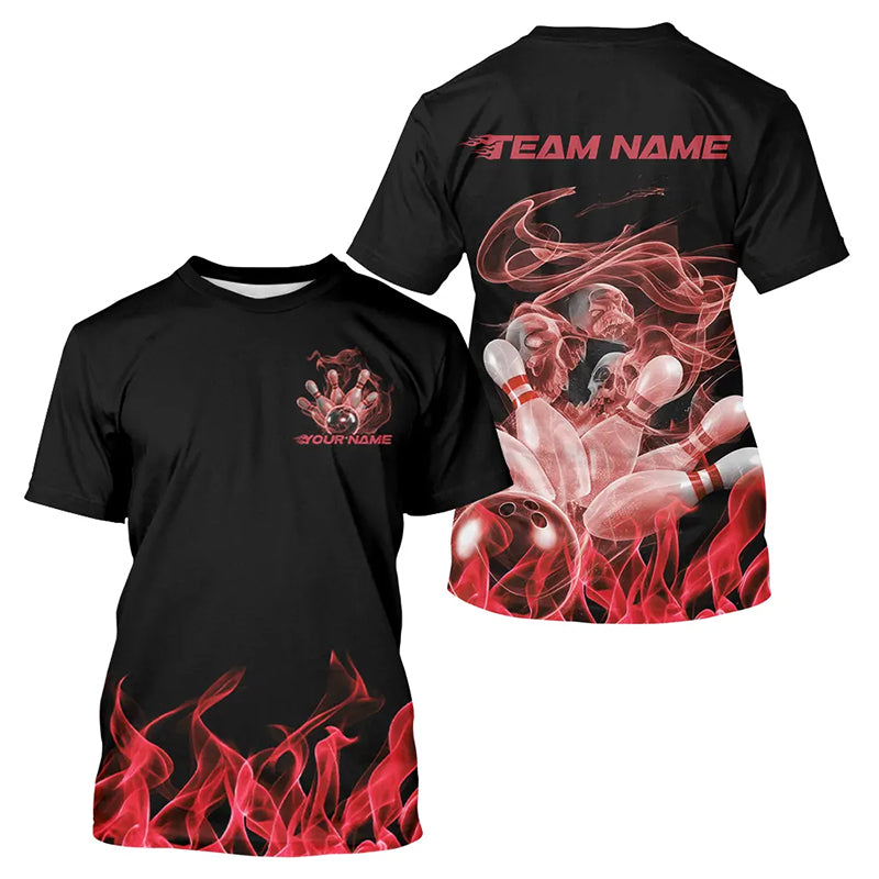 Custom Black And Red Flame Bowling T-Shirts For Men, Red Smoke Bowling Team IPHW8060