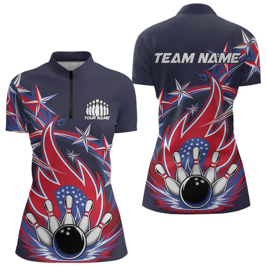 Custom Patriotic Bowling Quarter-Zip Shirts For Women, Us Flag Bowling League Shirt Bowler Outfit IPHW8069