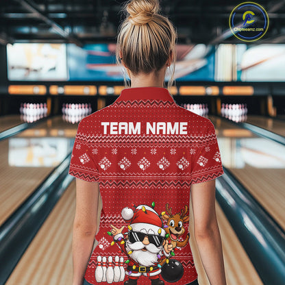 Custom Funny Christmas Women Bowling Shirts, Santa Claus And Reindeer Xmas Bowling Shirt IPHW10203