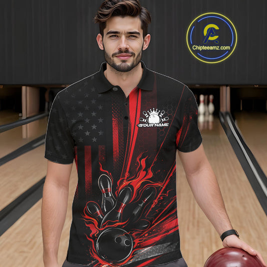 Custom Black And Red US Flag Patriotic Men Bowling Shirt, American Flame Bowling Jerseys IPHW10640
