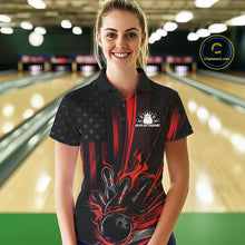 Load image into Gallery viewer, Custom Black And Red US Flag Patriotic Women Bowling Shirt, American Flame Bowling Jerseys IPHW10640