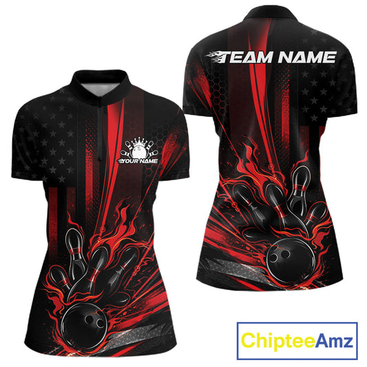 Custom Black And Red US Flag Patriotic Women Bowling Shirt, Flame Bowling Jerseys IPHW10640