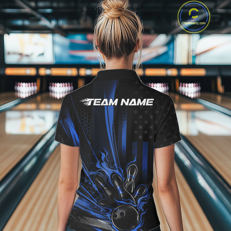 Custom Black And Blue US Flag Patriotic Women Bowling Shirt, American Flame Bowling Jerseys IPHW10641