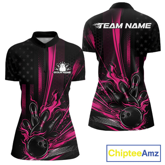 Custom Black And Pink US Flag Patriotic Women Bowling Shirt, Flame Bowling Jersey IPHW10643