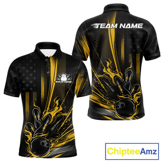 Custom Black And Yellow US Flag Patriotic Men Bowling Shirt, American Flame Bowling Jersey IPHW10644