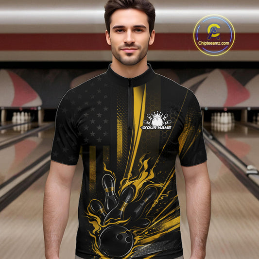 Custom Black And Yellow US Flag Patriotic Men Bowling Shirt, American Flame Bowling Jersey IPHW10644