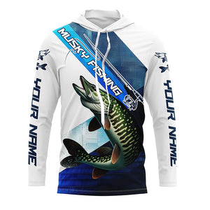 Musky Fishing Custom Long Sleeve Performance Shirts, Muskie Tournament Fishing Jerseys | Blue IPHW6286