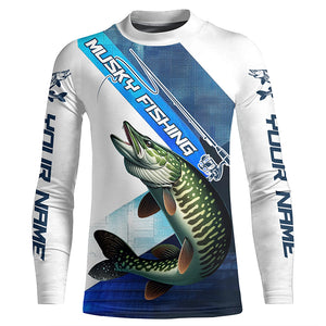 Musky Fishing Custom Long Sleeve Performance Shirts, Muskie Tournament Fishing Jerseys | Blue IPHW6286