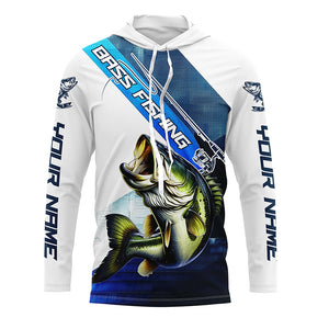 Largemouth Bass Fishing Custom Long Sleeve Performance Shirts, Bass Tournament Fishing Jersey | Blue IPHW6287