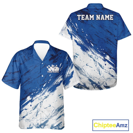 Front and back view of a button-up bowling shirt mockup featuring a white and blue splatter-style sports jersey design