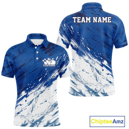 Front and back view of a men's bowling polo shirt mockup featuring a white and blue splatter-style sports jersey design