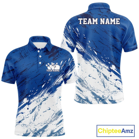 Front and back view of a men's bowling polo shirt mockup featuring a white and blue splatter-style sports jersey design