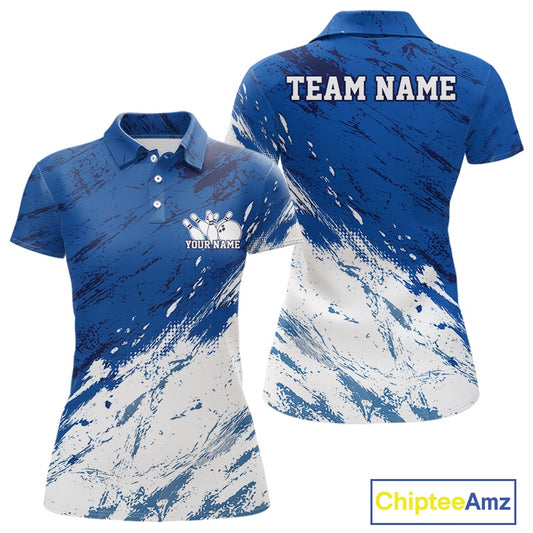 Front and back view of a women's bowling polo shirt mockup featuring a white and blue splatter-style sports jersey design