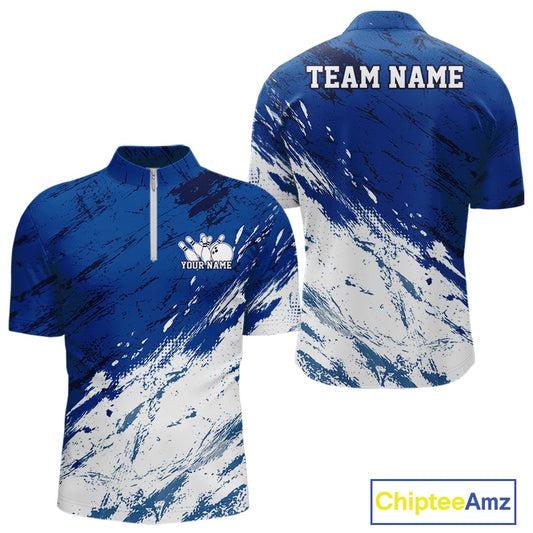 Front and back view of a men's bowling quarter-zip shirt mockup featuring a white and blue splatter-style sports jersey design