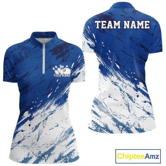 Front and back view of a women's bowling quarter-zip shirt mockup with a white and blue splatter-inspired athletic jersey pattern