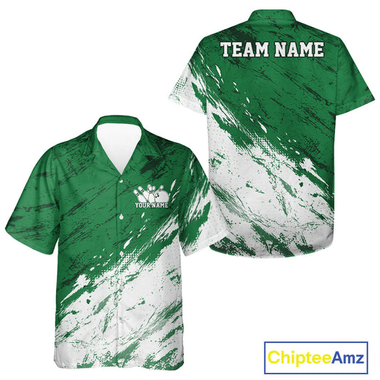 Front and back mockup of a button up bowling shirt with white and green paint splatter graphics, grunge details, and a custom name.
