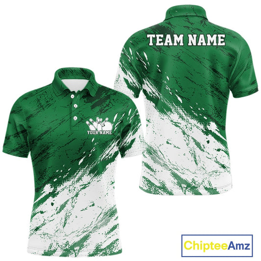 Front and back view of a men's bowling polo shirt mockup featuring a white and green splatter-style sports jersey design