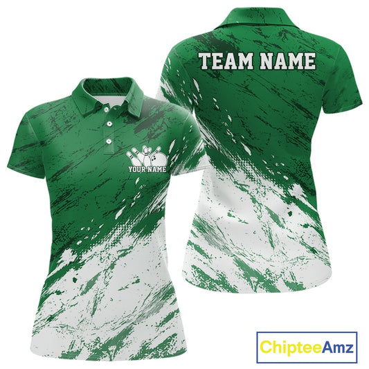 Front and back view of a women's bowling polo shirt mockup featuring a white and green splatter-style sports jersey design