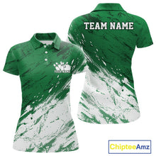 Load image into Gallery viewer, Front and back view of a women's bowling polo shirt mockup featuring a white and green splatter-style sports jersey design