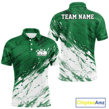 Load image into Gallery viewer, Front and back view of a men's bowling polo shirt mockup featuring a white and green splatter-style sports jersey design