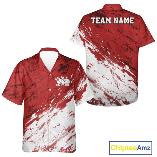 Front and back views of a custom button-up bowling shirt mockup featuring a white and red paint splatter distressed sportswear design.
