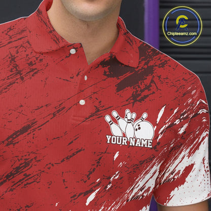 Red polo shirt with a bowling design and customizable text, brand 'Chipteeamz' visible.