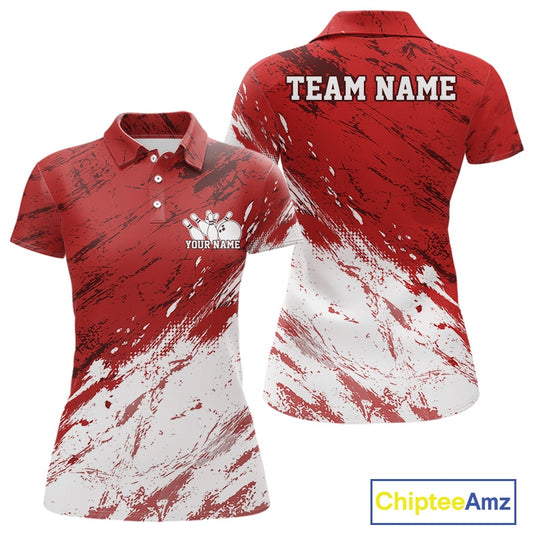 Front and back views of a women's polo bowling shirt mockup featuring a white and red paint splatter distressed sportswear design.

