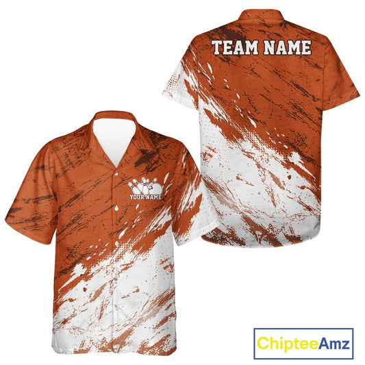 Front and back views of a custom bowling shirt featuring a white and orange paint splatter design in a distressed sportswear style.
