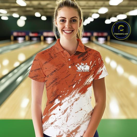 Woman wearing a custom bowling shirt in a bowling alley