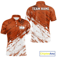 Load image into Gallery viewer, Orange and white polo shirt with 'Team Name' and 'Your Name' text on a white background, featuring Chiptee Amz branding.