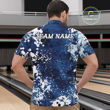 Load image into Gallery viewer, Man wearing a blue and white patterned bowling shirt with 'TEAM NAME' on the back, standing in a bowling alley.
