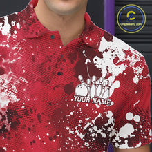 Load image into Gallery viewer, Red and white patterned polo shirt with bowling design and 'Your Name' text, brand logo visible.