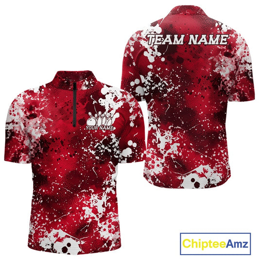 Red and white patterned quarter-zip bowling shirt with 'Team Name' and 'Your Name' text