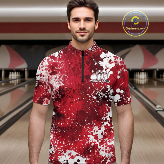 Man wearing a red and white patterned bowling shirt with 'Your Name' text in a bowling alley.