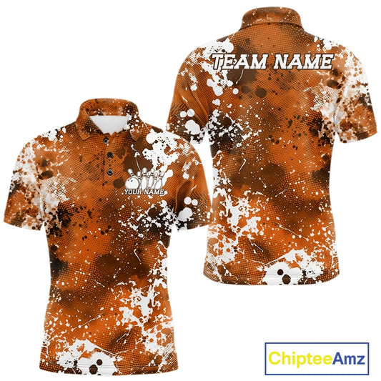 Orange and white patterned polo shirt with 'Team Name' and 'Your Name' text space on a white background.