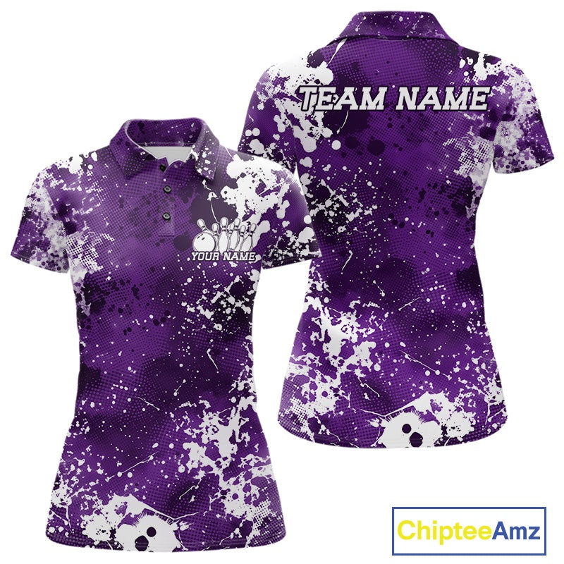 Purple polo shirt with white splatter design, front and back, on a white background, branded 'Chiptee Amz'.