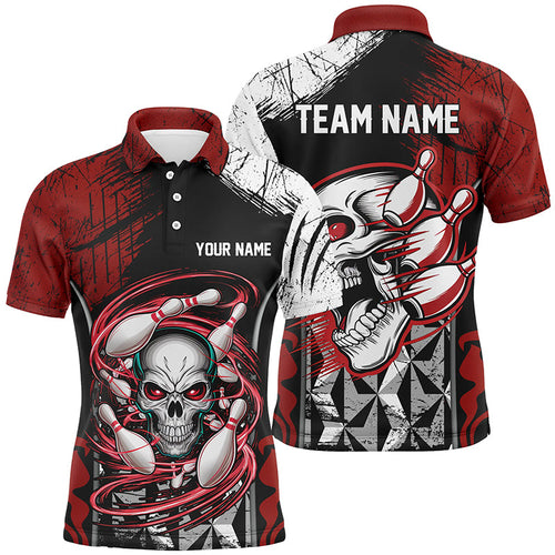 Red And Black Custom Skull Bowling Shirts, Short Sleeve Bowling Polo Shirts For Men Bowling Uniform IPHW6750