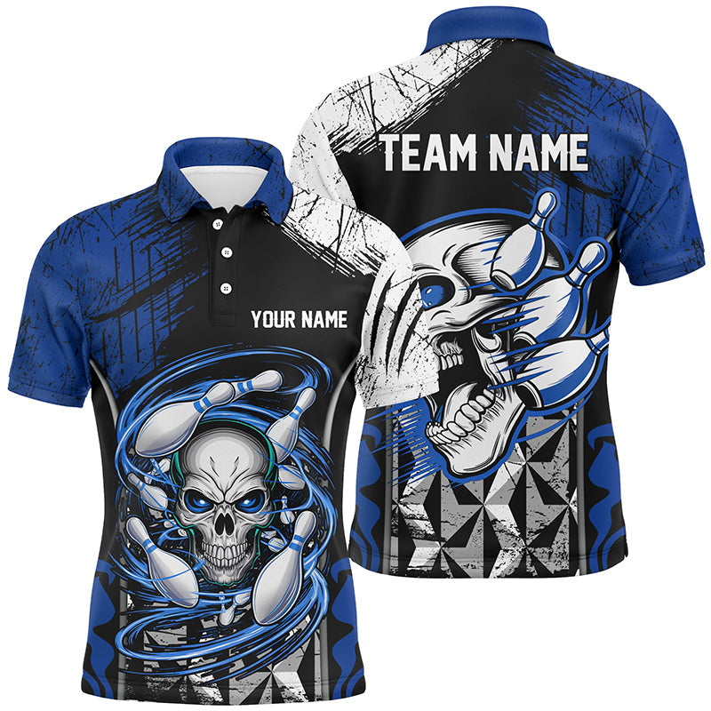 Blue And Black Custom Skull Bowling Shirts, Short Sleeve Bowling Polo Shirts For Men Bowling Uniform IPHW6751