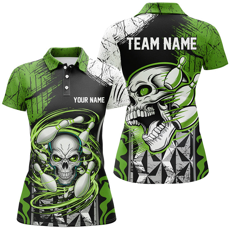 Green And Black Custom Skull Bowling Shirts, Short Sleeve Bowling Polo Shirts For Women IPHW6752