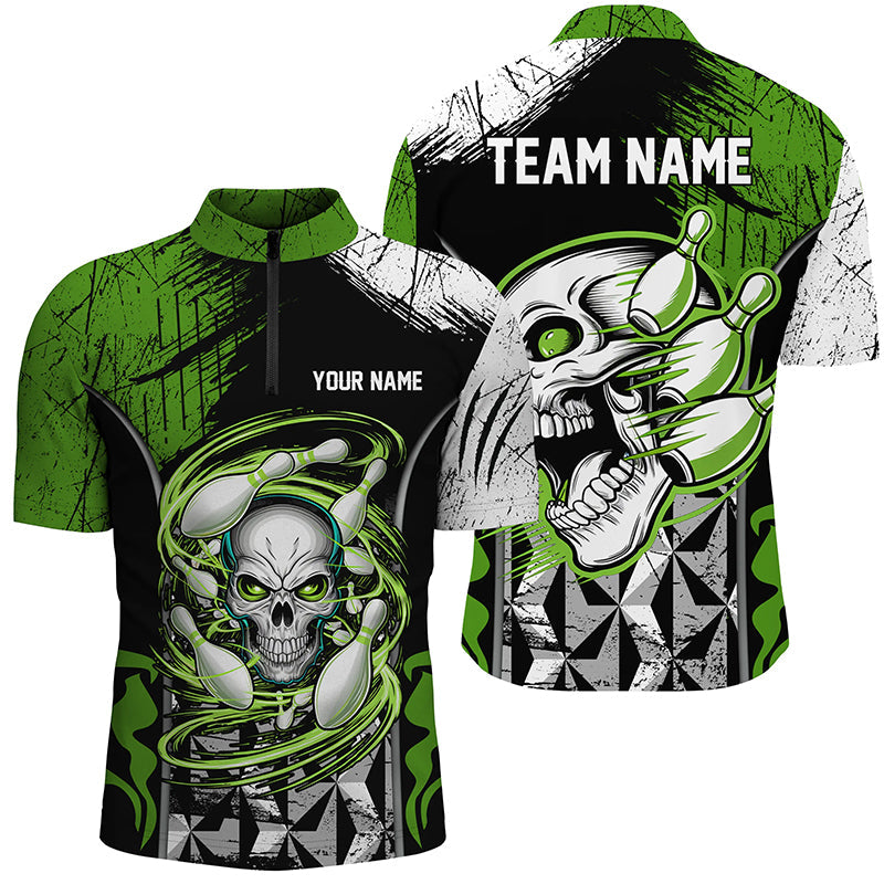 Green And Black Custom Skull Bowling Shirts, Short Sleeve Bowling Quarter Zip Shirts For Men IPHW6752