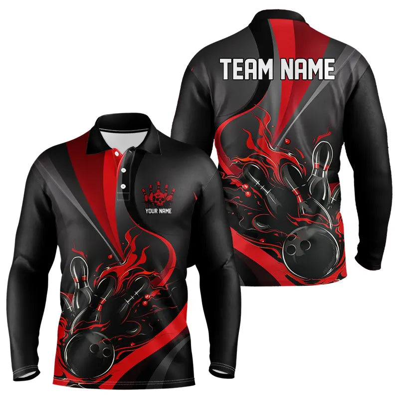 Custom Red And Black Flame Bowling Team Shirts, Strike Bowling Long Sleeve Polo Shirts For Men IPHW6755