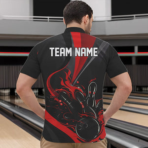 Red And Black Flame Bowling Team Shirts, Strike Bowling Short Sleeve Quarter Zip Shirts For Men IPHW6755