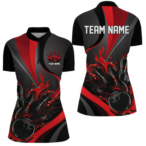 Red And Black Flame Bowling Team Shirts, Bowling Short Sleeve Quarter Zip Shirts For Women IPHW6755