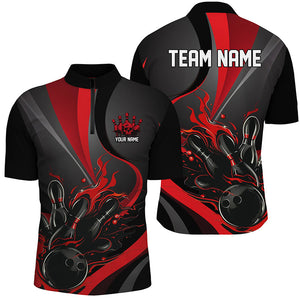 Red And Black Flame Bowling Team Shirts, Strike Bowling Short Sleeve Quarter Zip Shirts For Men IPHW6755