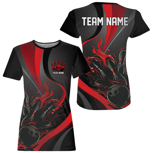Custom Red And Black Flame Bowling Team, Strike Bowling T-Shirts For Women IPHW6755