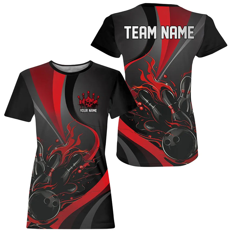 Custom Red And Black Flame Bowling Team, Strike Bowling T-Shirts For Women IPHW6755