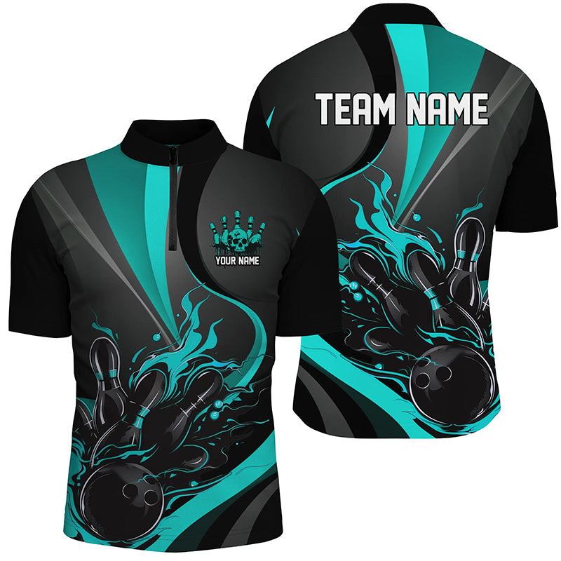 Blue And Black Flame Bowling Team Shirts, Strike Bowling Short Sleeve Quarter Zip Shirts For Men IPHW6756