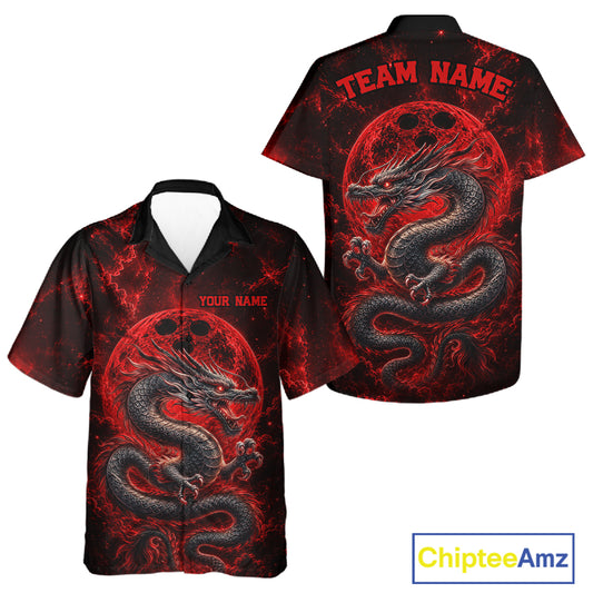 Front and back views of a red custom bowling button-up shirt featuring an ancient dragon, flames, and a moon-inspired bowling ball design.