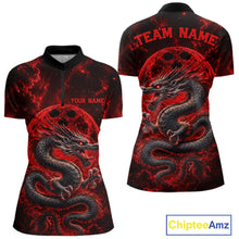 Load image into Gallery viewer, Front and back views of a red custom women's quarter-zip bowling shirt featuring an ancient dragon, flames, and a moon-inspired bowling ball design.
